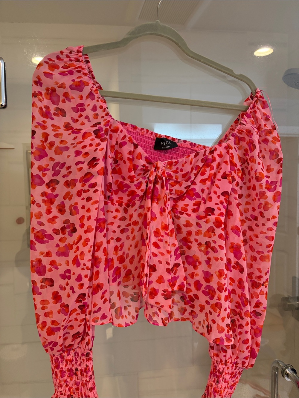 Vici Pink & Red Floral Tie-Front Peasant Blouse